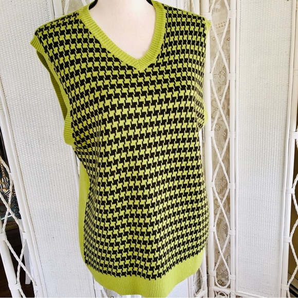 FINK Sweater Vest Houndstooth Lime Green Vintage Y2K 90 URBAN OUTFITTERS size XL - Picture 3 of 15